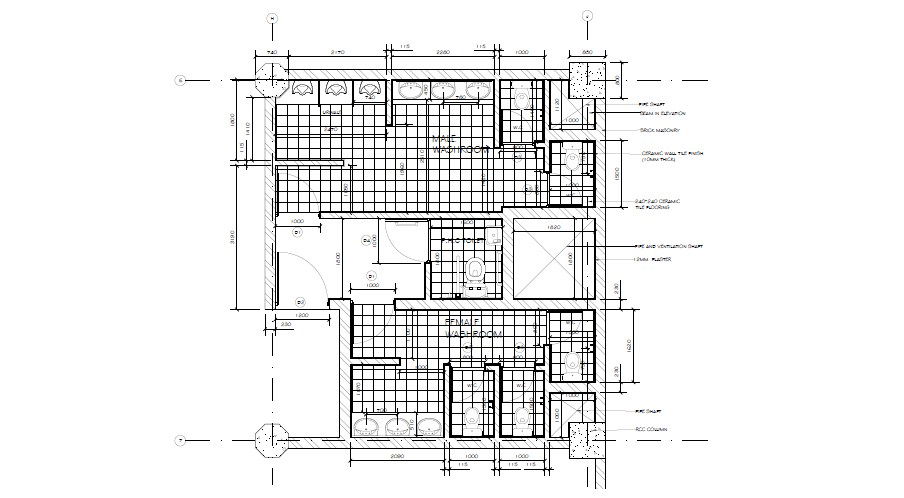 Washroom of shopping mall plan and installation details dwg file