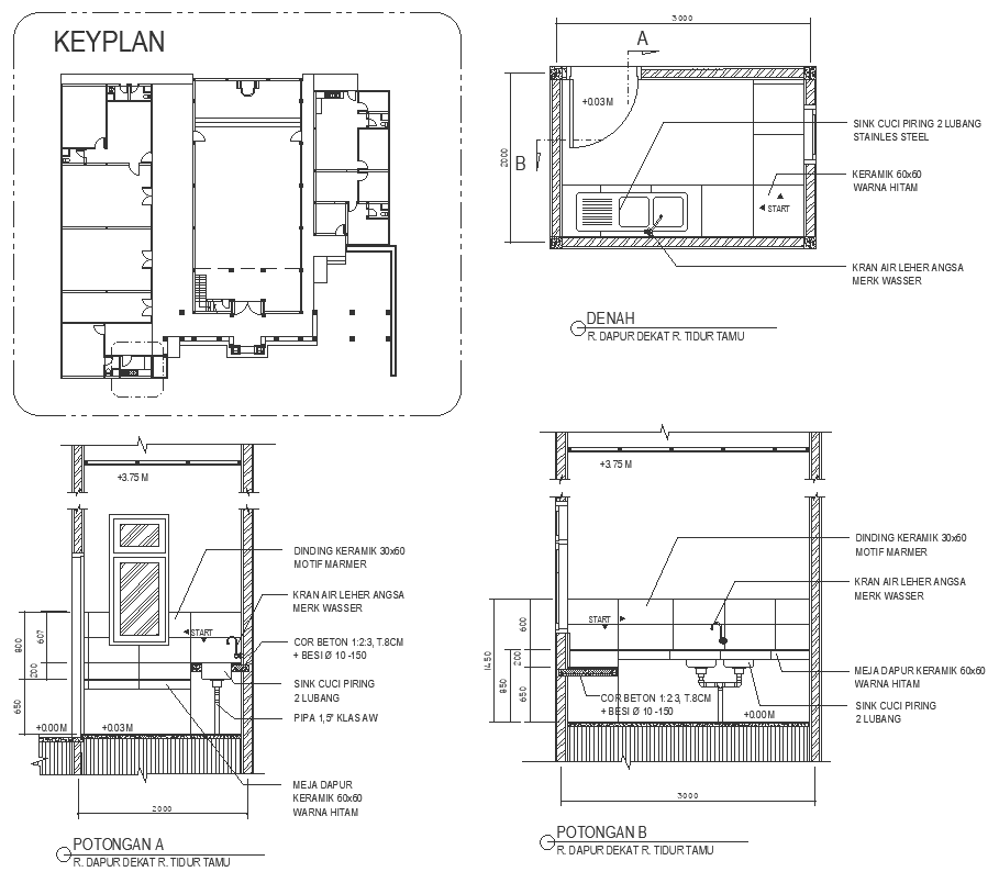 Washroom and dish wash area of priest’s kitchen with tile detail DWG AutoCAD drawing
