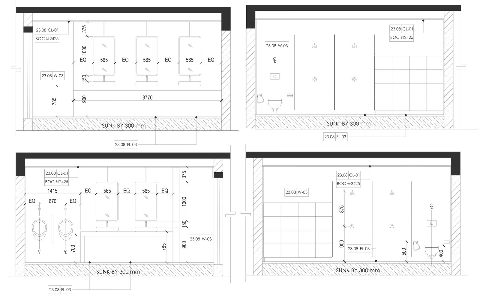 Washroom elevation details with wash basin and shower details .
