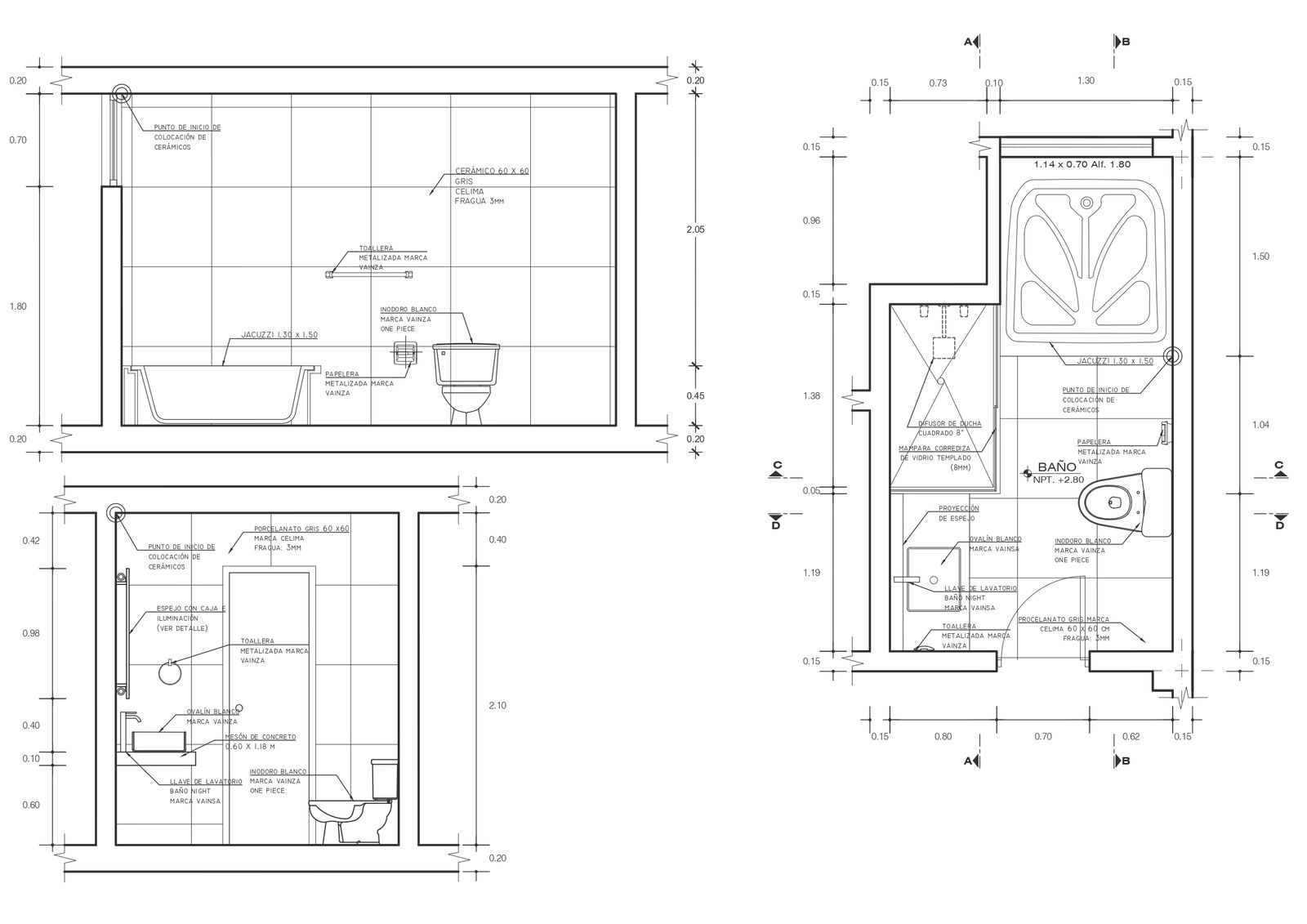Washroom elevation with fixtures details, labeling and tile layout autocad dwg drawing .