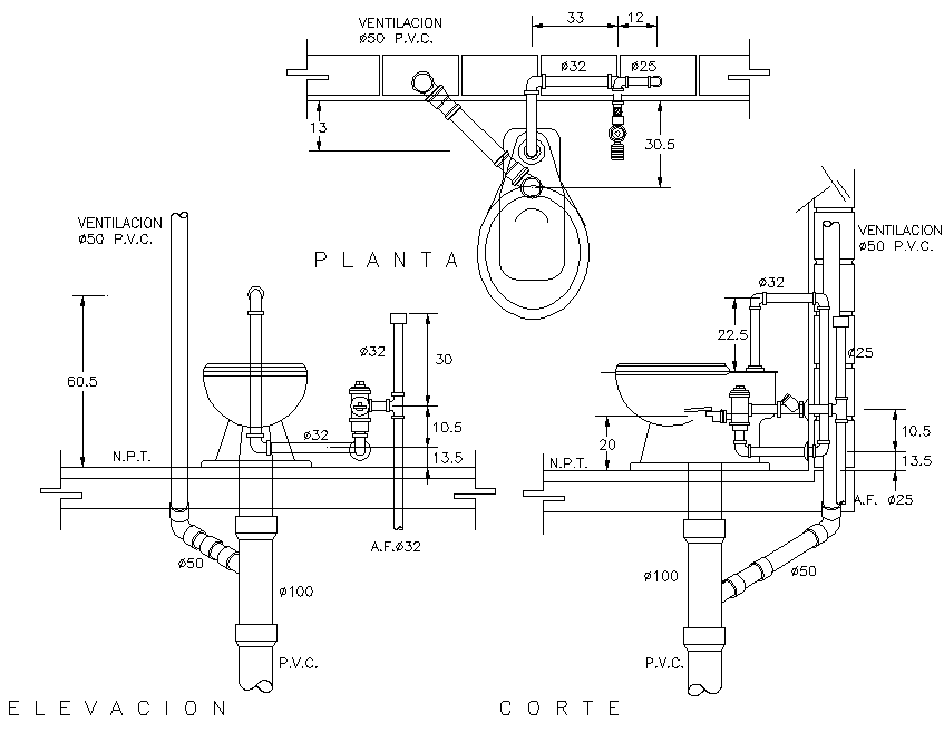 Water closed elevation detail dwg file