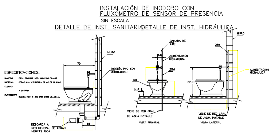 Water closed plan and elevation detail dwg file