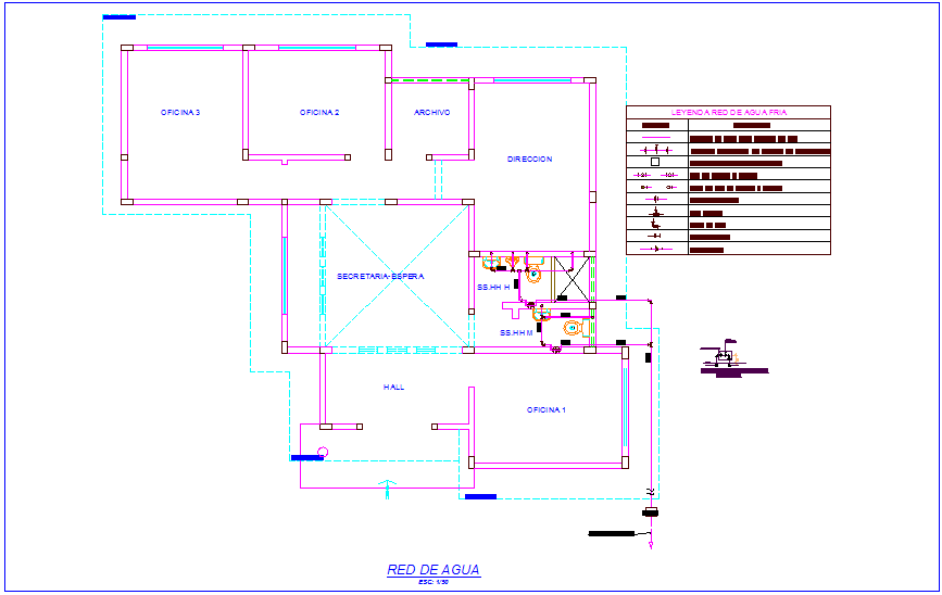 Water network plan with pipe joint with its legend of office dwg file