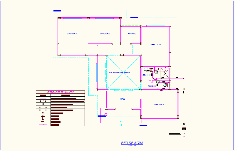 Water network view with legend and plumbing detail of office dwg file