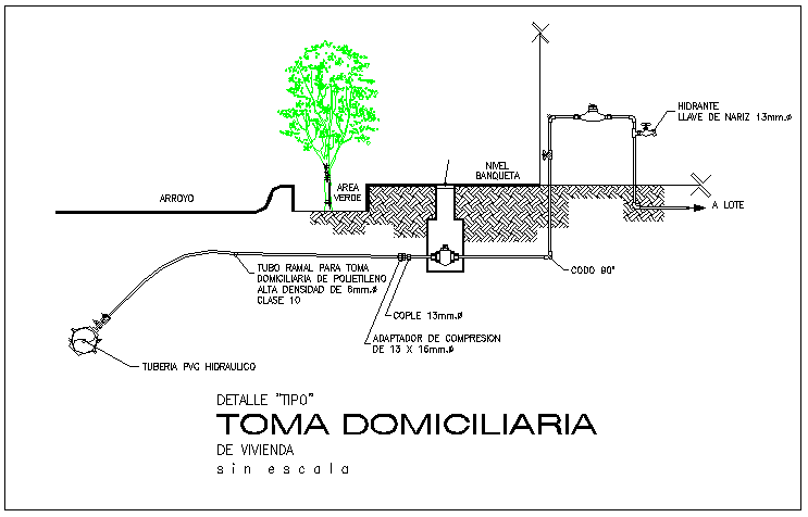 Water plumbing connections and tap section detail view dwg file