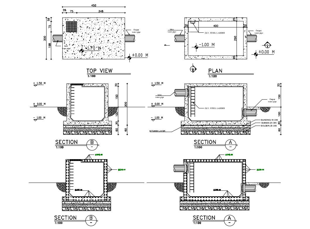 Water septic tank section, plan, top view and auto-cad details dwg file