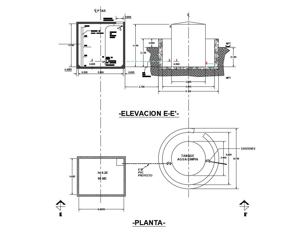 Water tank elevation, section and plan cad drawing details dwg file