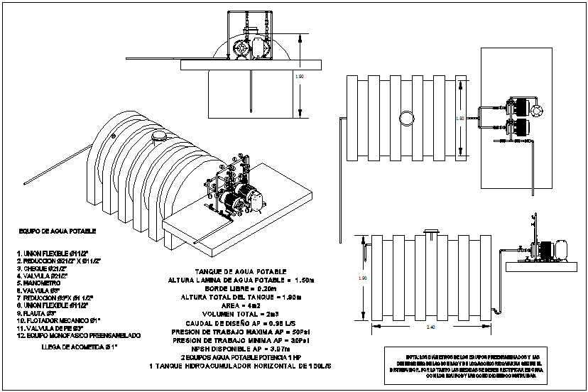 Water tank plan,elevation and isometric view with plumbing detail dwg file