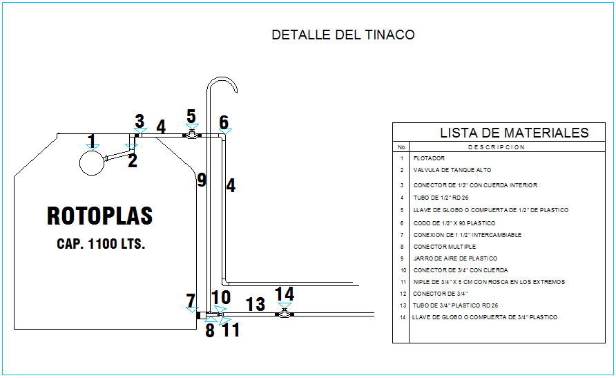 Water tank plumbing detail view with material list dwg file