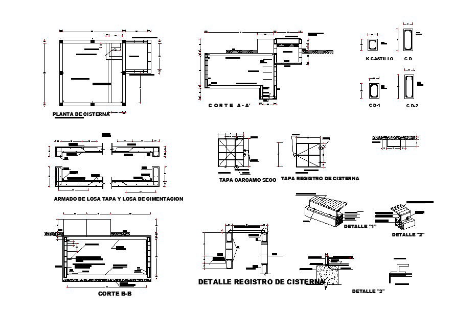 Water tank section, foundation and construction details dwg file
