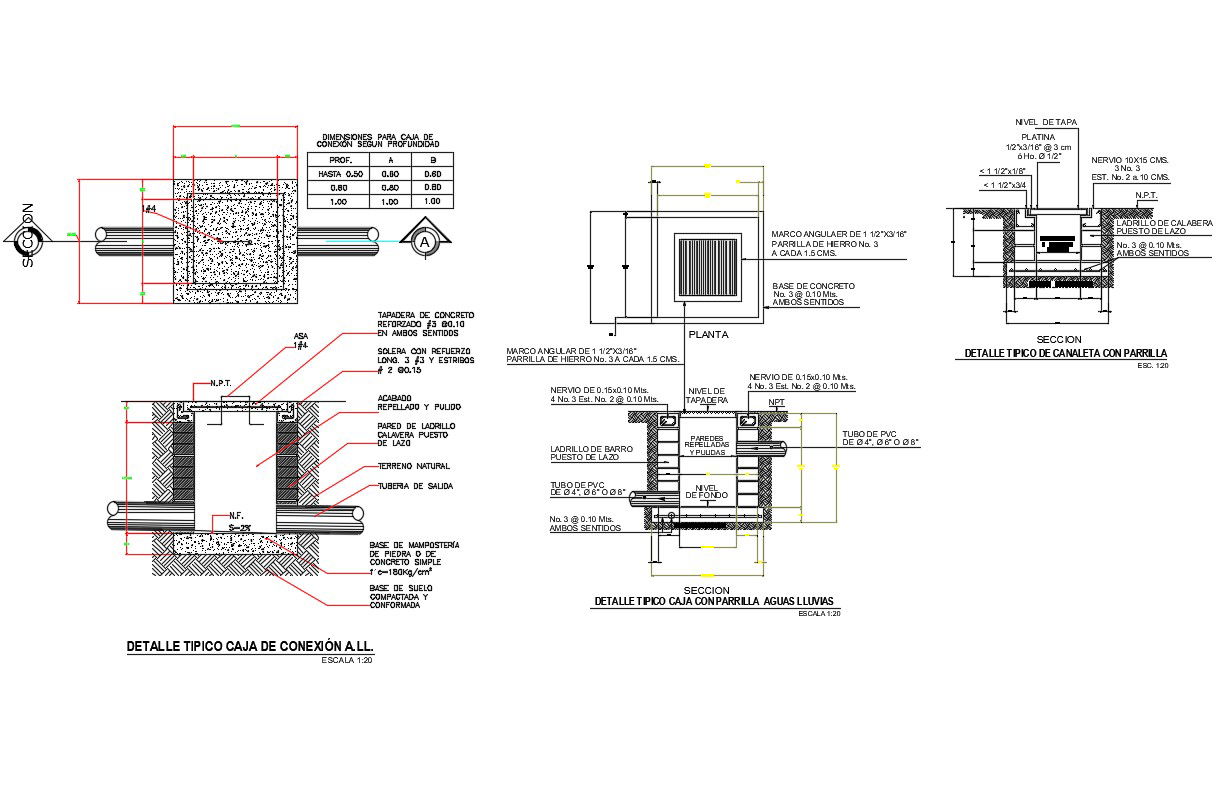 Water tank section, plan, construction and plumbing details dwg file