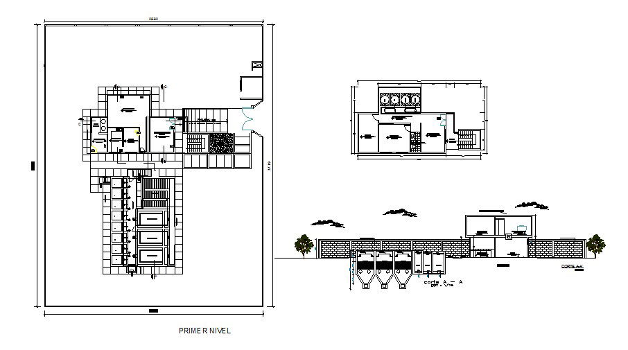 Water treatment plant section and distribution plan details dwg file