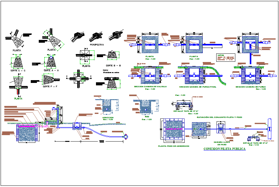 Water well connections and pipeline joints detail dwg file