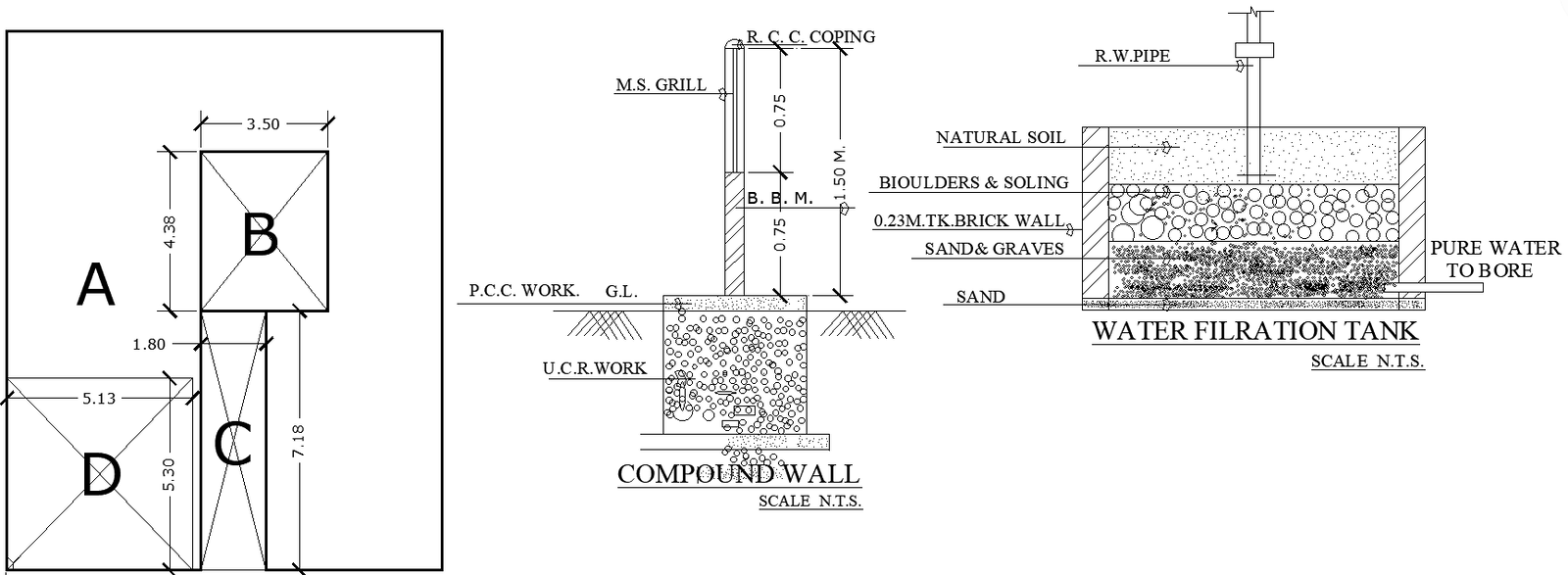 Water Filtration Tank with Compound Wall CAD Drawing