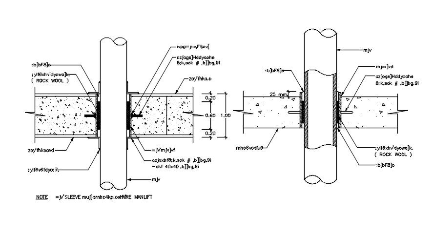 Water Pipe Line Instillation in RCC Wall Section Drawing DWG File