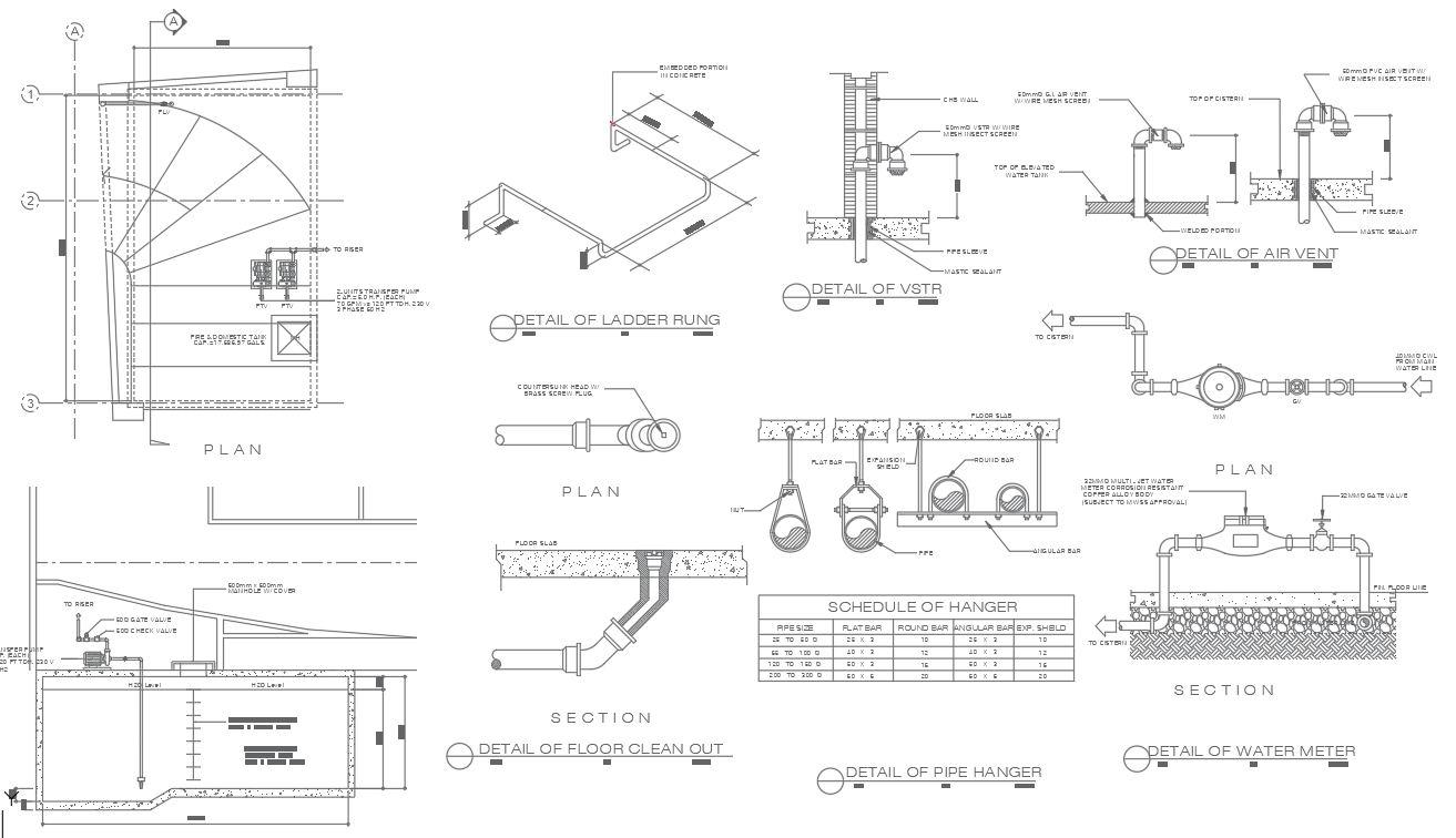 Water Supply Installation Details and Pipe Support Specifications In DWG File