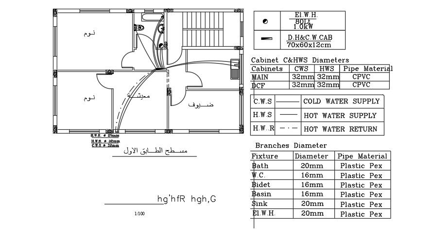 Water Supply Plan Of 2 BHK House Plan AutoCAD File