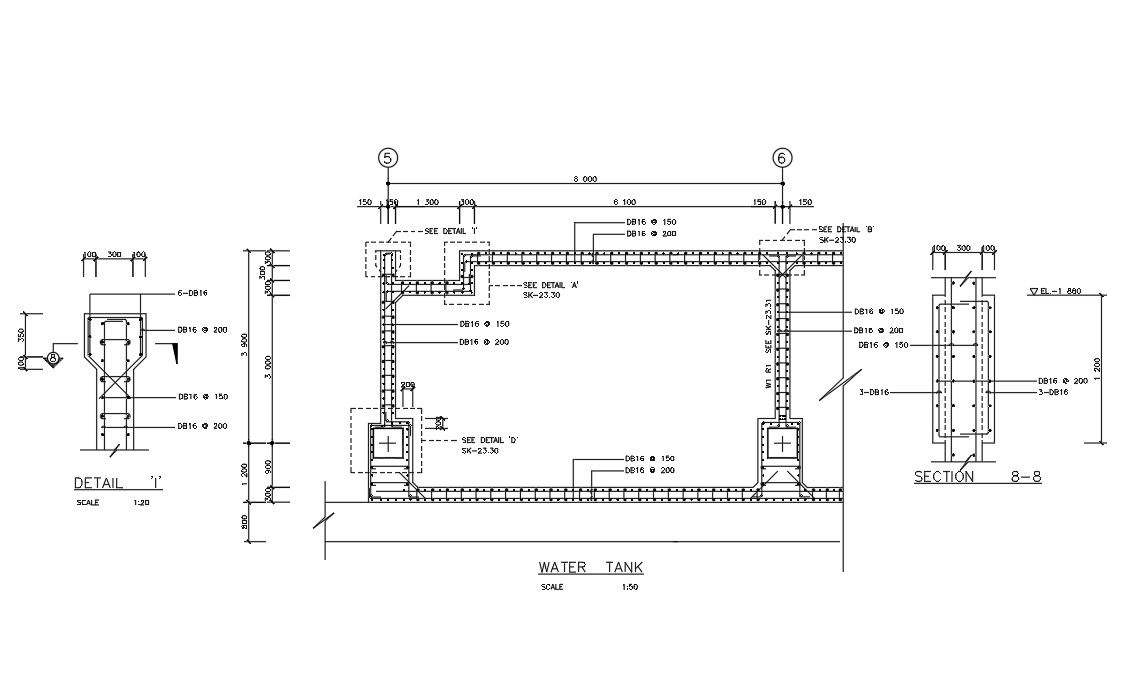 Water Tank Reinforcement wall section details are given in this AutoCAD 2D DWG Drawing File. Download the 2D AutoCAD DWG file.