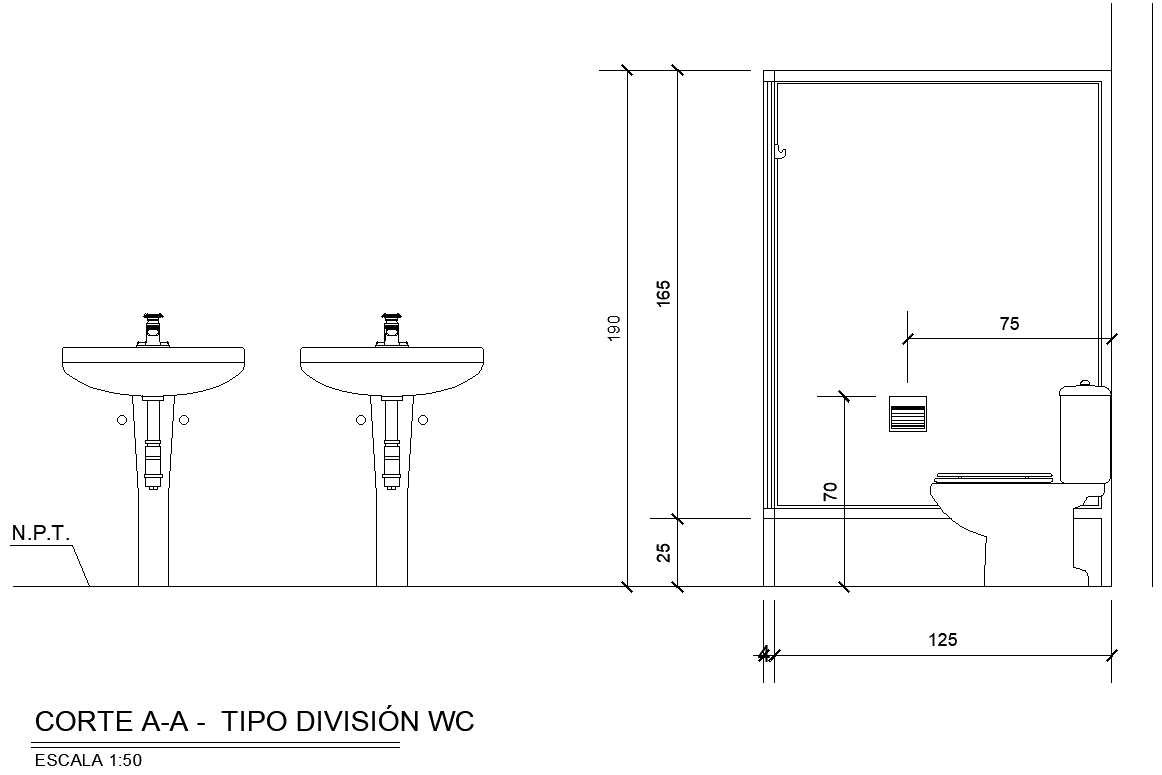 Water closet or Toilet and wash basin Detail Section DWG AutoCAD file
