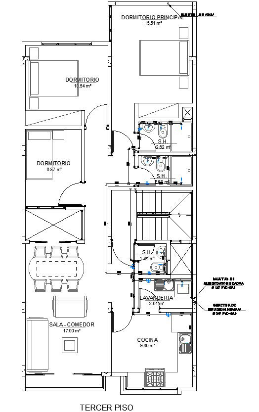 Detailed CAD File of Third Floor Water Line AutoCAD Plan