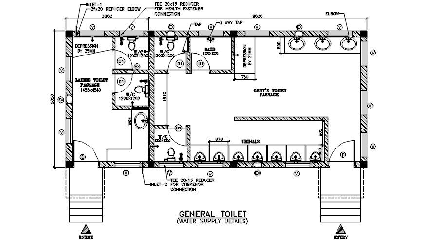 Water supply detail of general toilet drawing specified in this Autocad drawing file. Download this 2d AutoCAD drawing file.