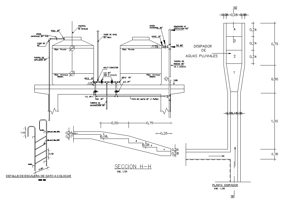 Water tank With Piping Section CAD Drawing Download Free DWG File