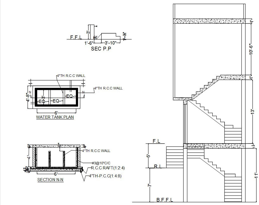 Water tank plan and structure section with stair design in AutoCAD 2D drawing, CAD file, dwg file
