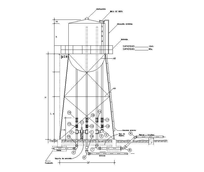 Water tank side elevation detail drawing provided in this cad drawing file. Download this 2d AutoCAD drawing file.