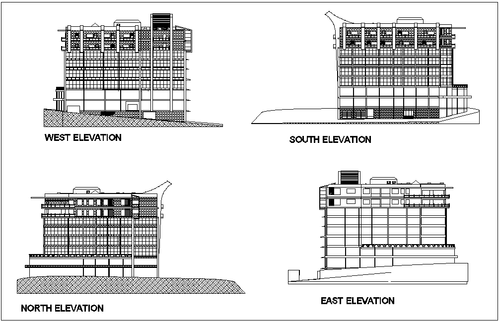 West,south,north and east elevation of mixed used building with architectural view dwg file