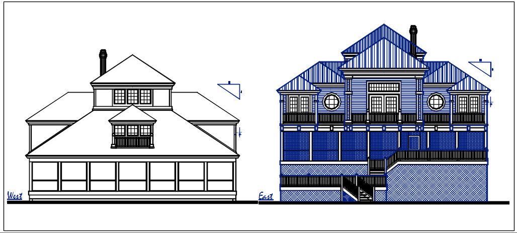 West elevation and east elevation view of bungalow dwg file