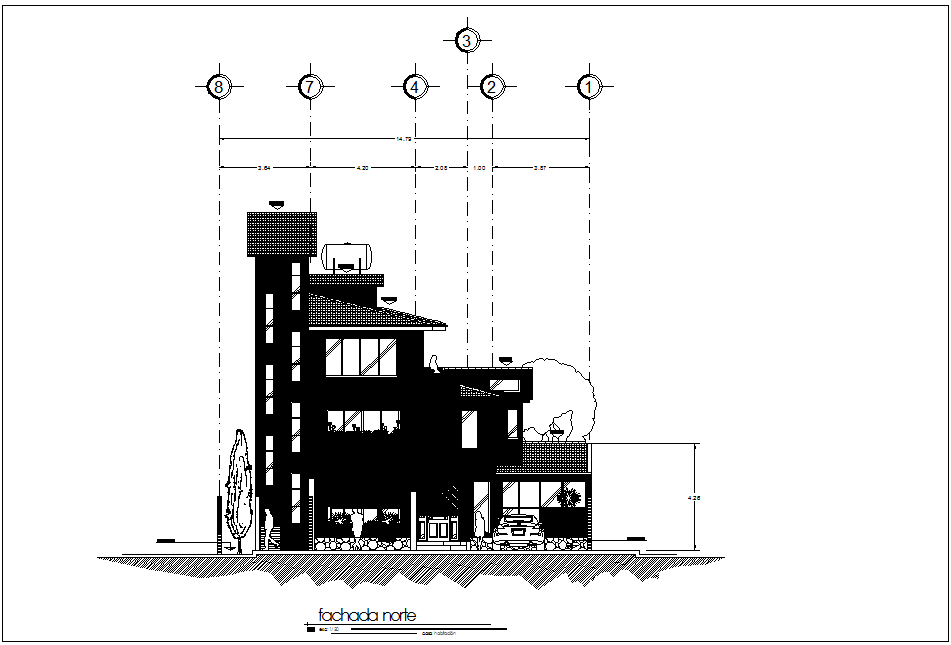 West side elevation view of house with architecture view dwg file