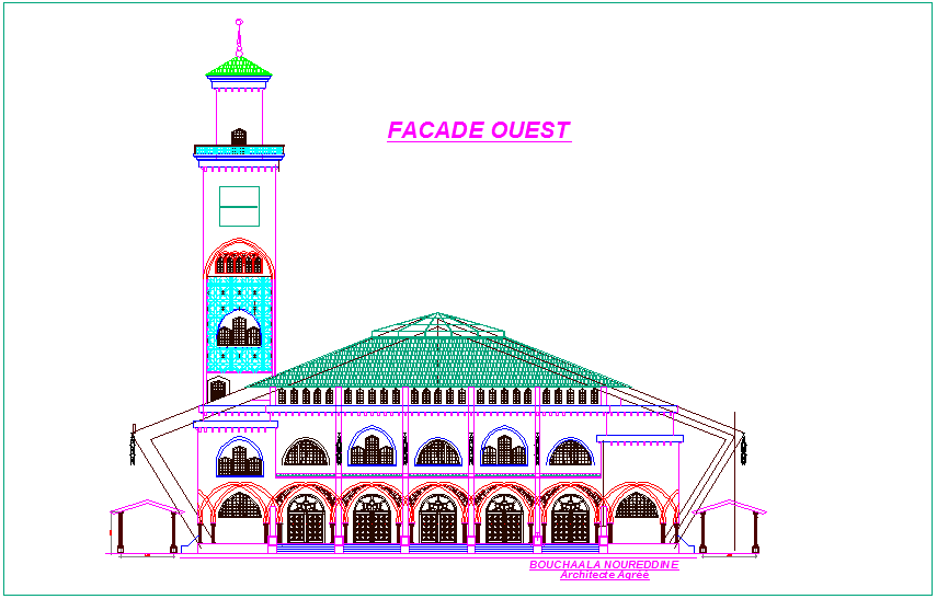 West side view of mosque with architectural view dwg file