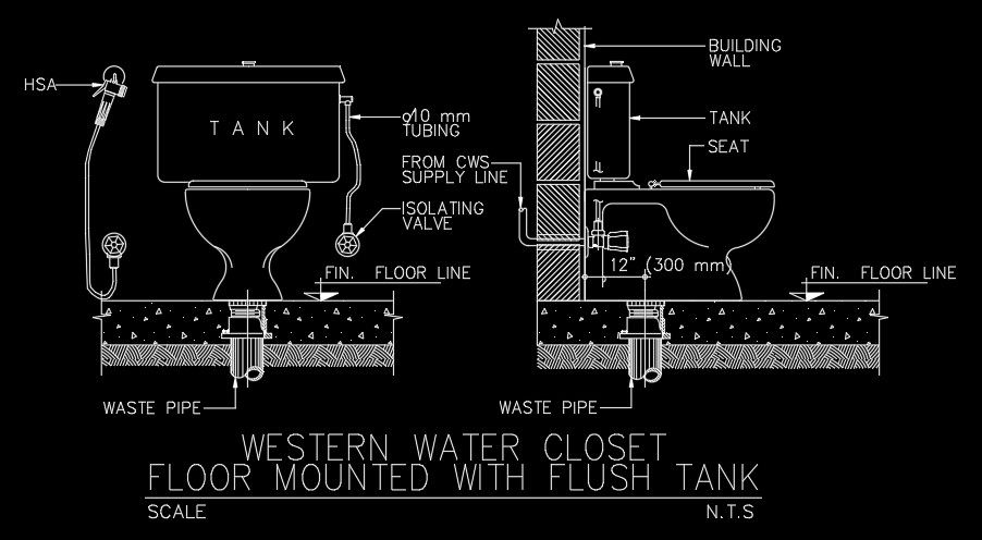 Western water closet floor mounted with flush tank AutoCAD drawing
