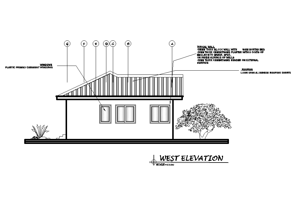 West side elevation of 16x10m house plan is given in this Autocad drawing file.Download now.