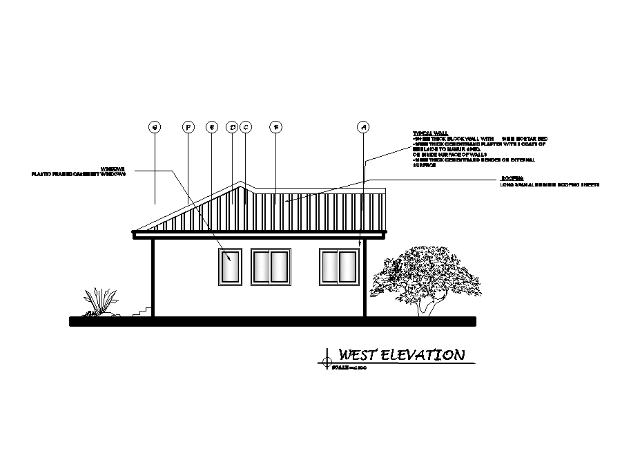 West side elevation of 17x10m house plan is given in this Autocad drawing file. Download now.