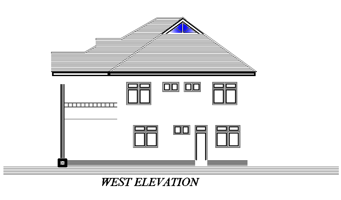 West side elevation of 18x14m first floor house plan is given in this Autocad drawing file. Download now.