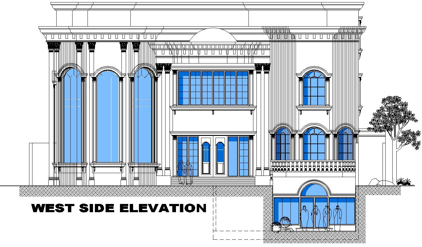 West side elevation of villa in detail AutoCAD drawing