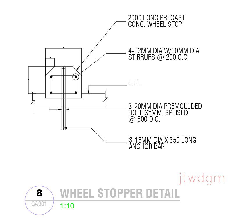 Wheel stopper detail in AutoCAD 2D drawing, dwg file, CAD file