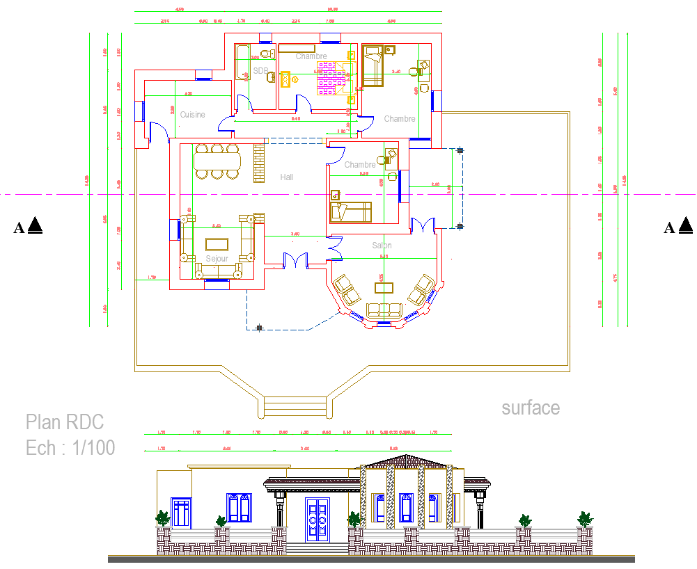 Wide Bungalow layout plan and elevation design