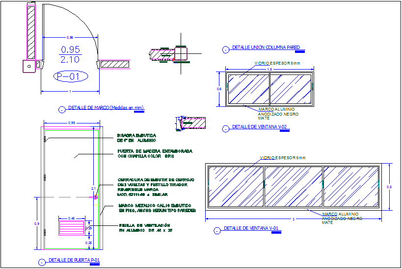 Window and door design with detail view and dimension