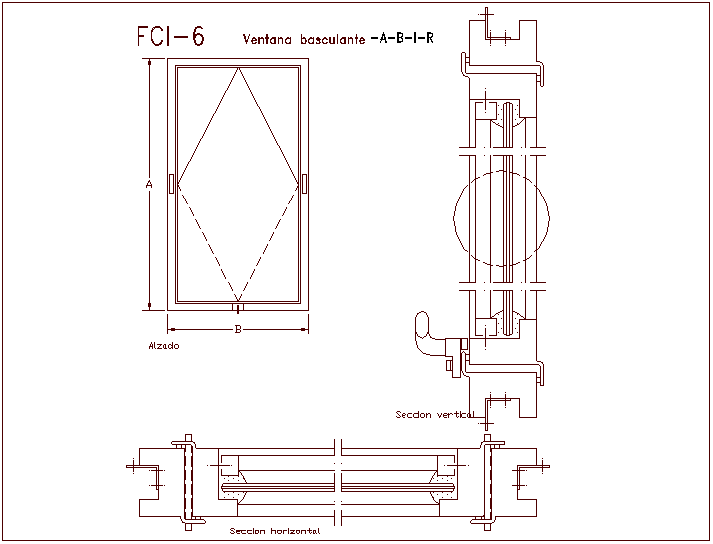 Window design view with horizontal and vertical section dwg file