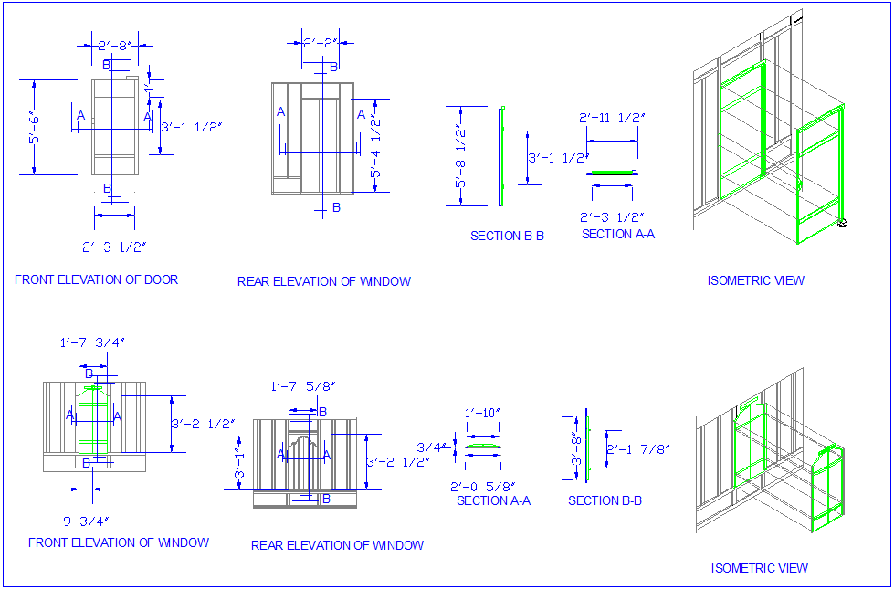 Window design with elevation,section and isometric view dwg file