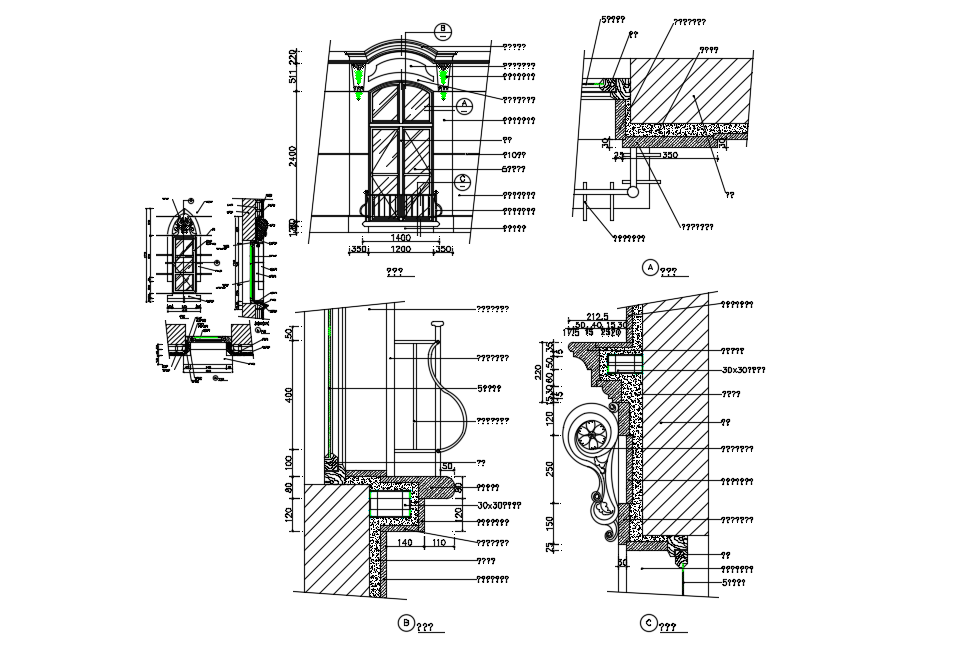 Window elevation with section view and detail of window view dwg file