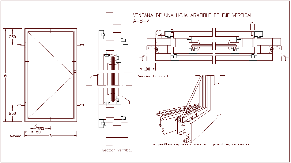 Window of folding sheet with vertical axis and sectional view dwg file