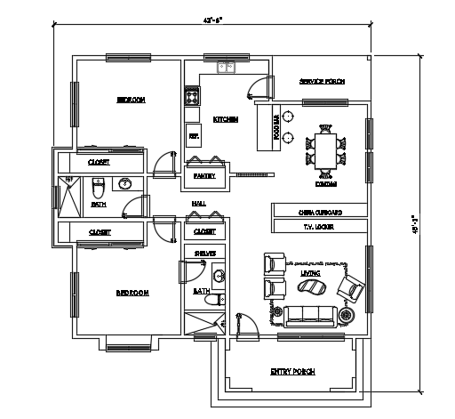 Windows and door location of the 42’x45’ 2bhk house plan