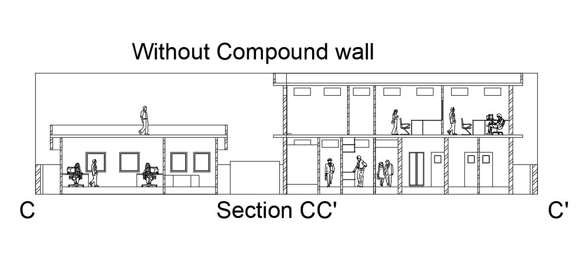 Without compound wall of 21x14m bank building section view is given in this Autocad drawing file.Download now.