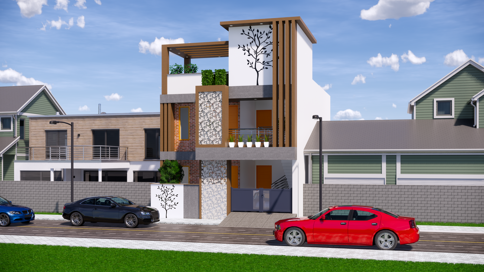 Wonderful 3D Home elevation of G+2 building Revit drawing file. Download this drawing Revit file on cadbull.com.
