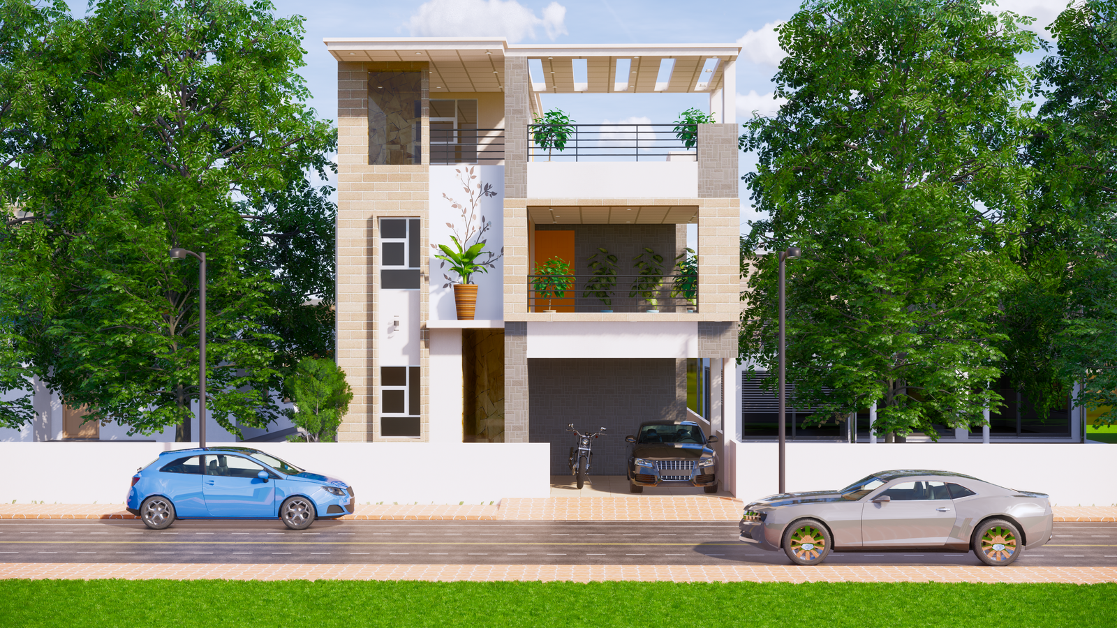 Wonderful G+1 modern Bungalow elevation design Revit file.Download this drawing Revit file on cadbull.com.