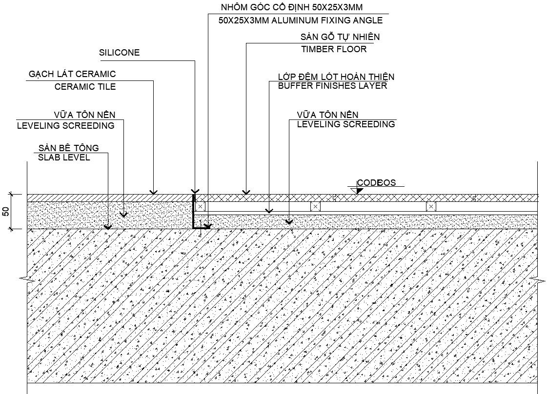 Wood + ceramic Flooring detail in AutoCAD, Dwg file.