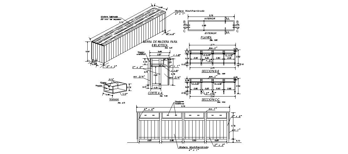 Wooden Library Bar Table CAD Plan with Elevation and Section